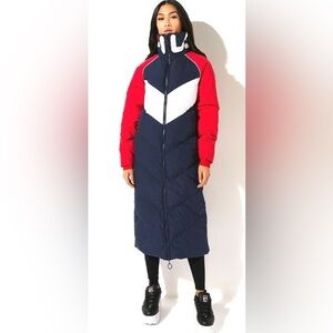 FILA Long Puffer Coat | Colorblock Red Navy White S